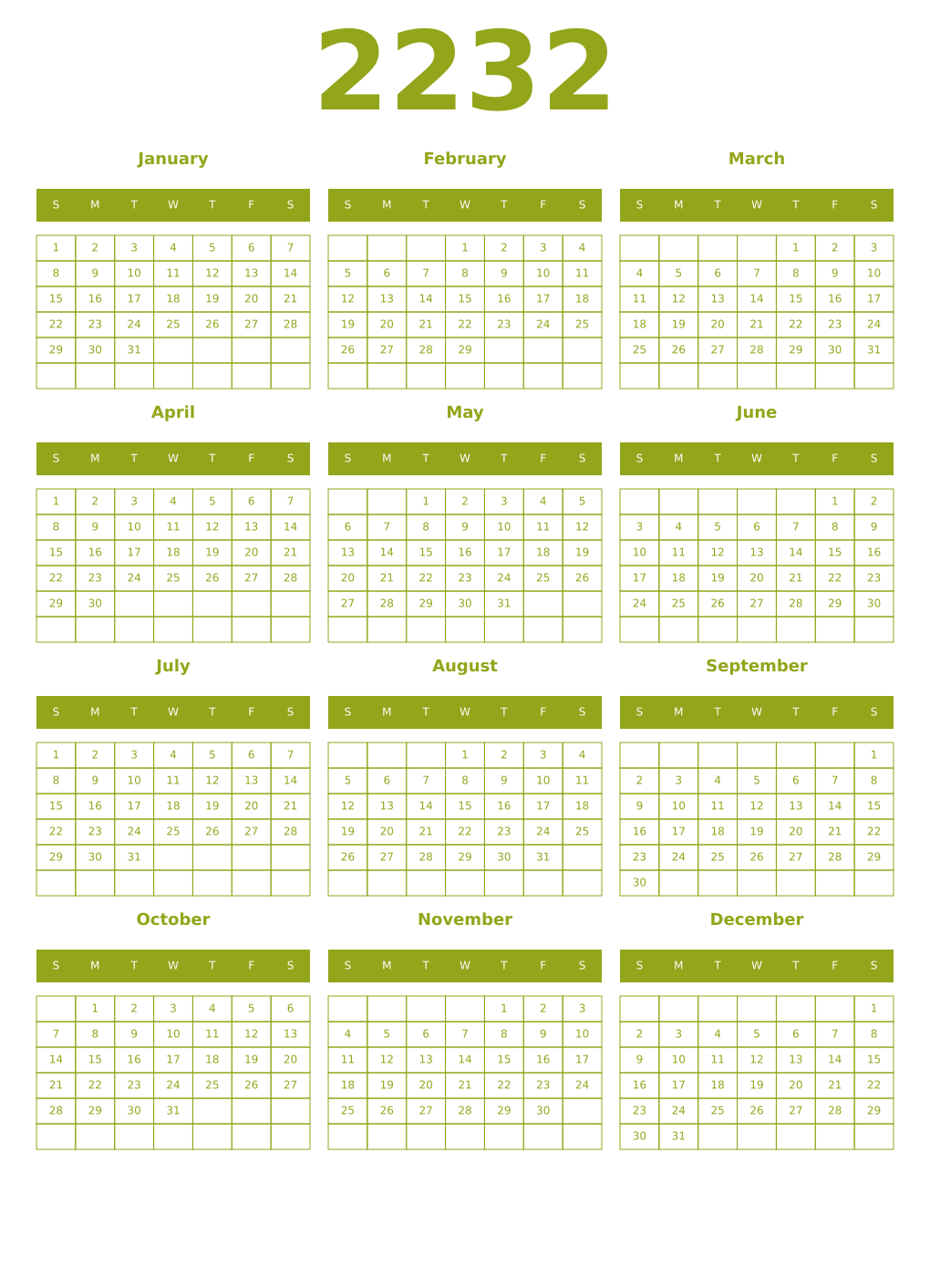 Printable 2232 Year Calendars chartreuse