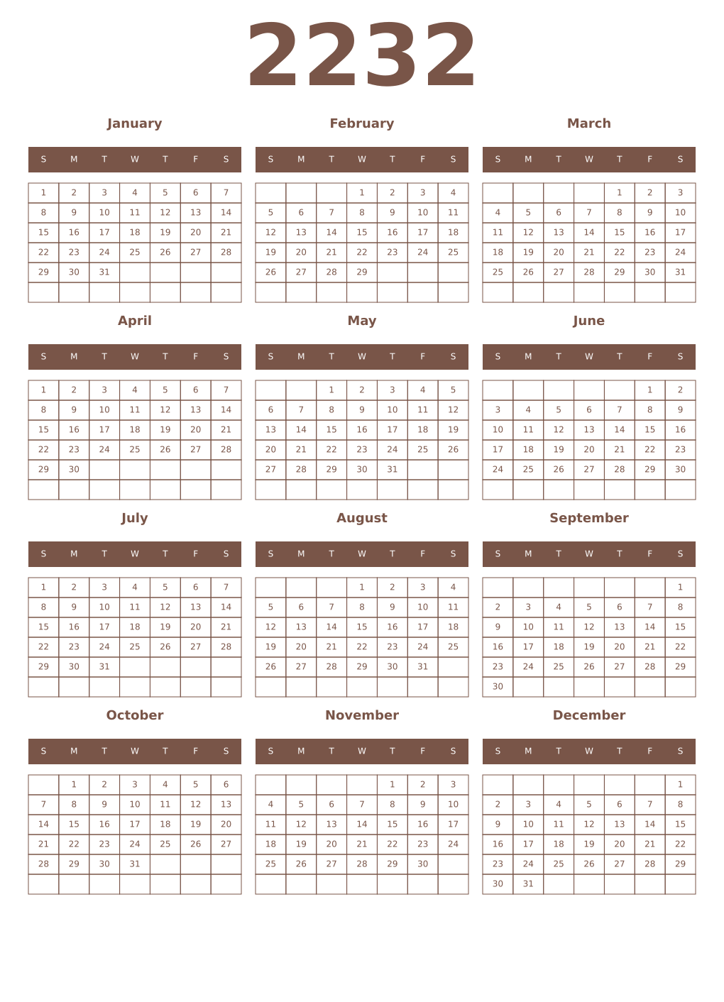 Printable 2232 Year Calendars coffe