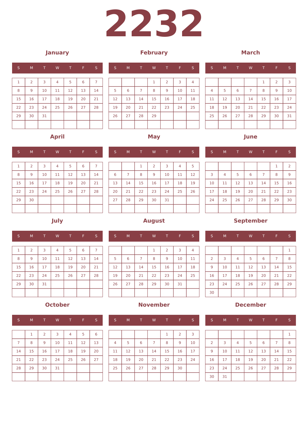 Printable 2232 Year Calendars cordovan