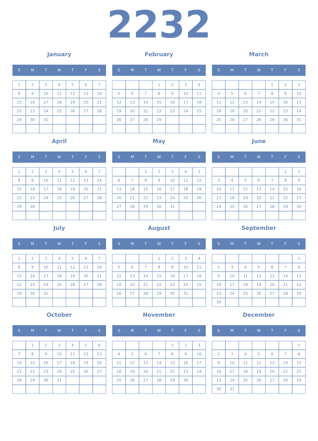 Printable 2232 Year Calendars glaucous