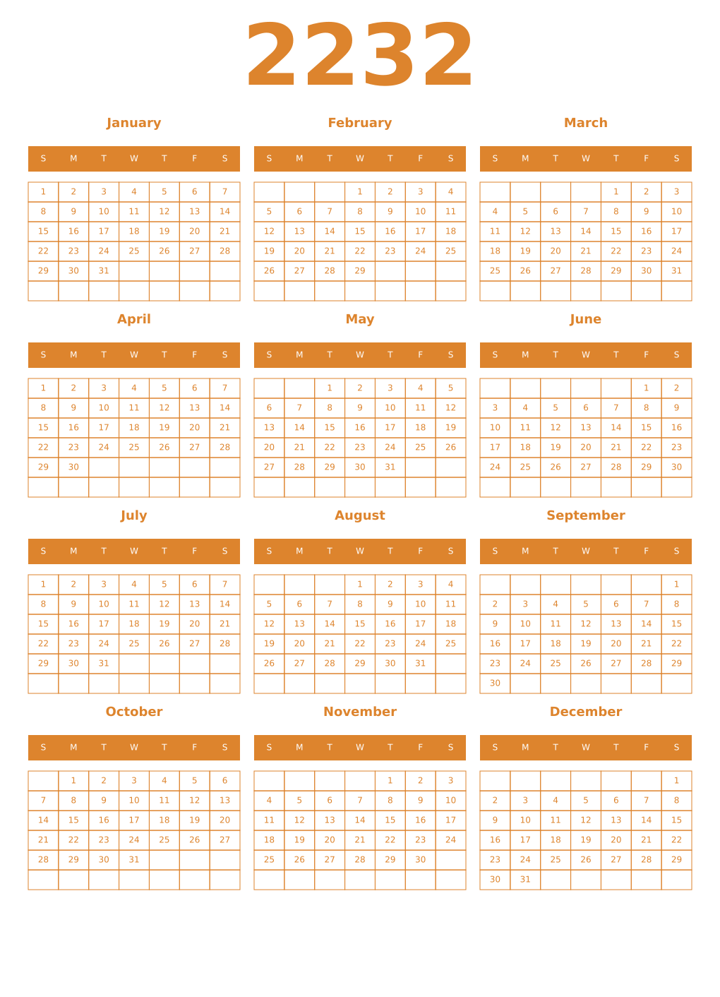 Printable 2232 Year Calendars orange