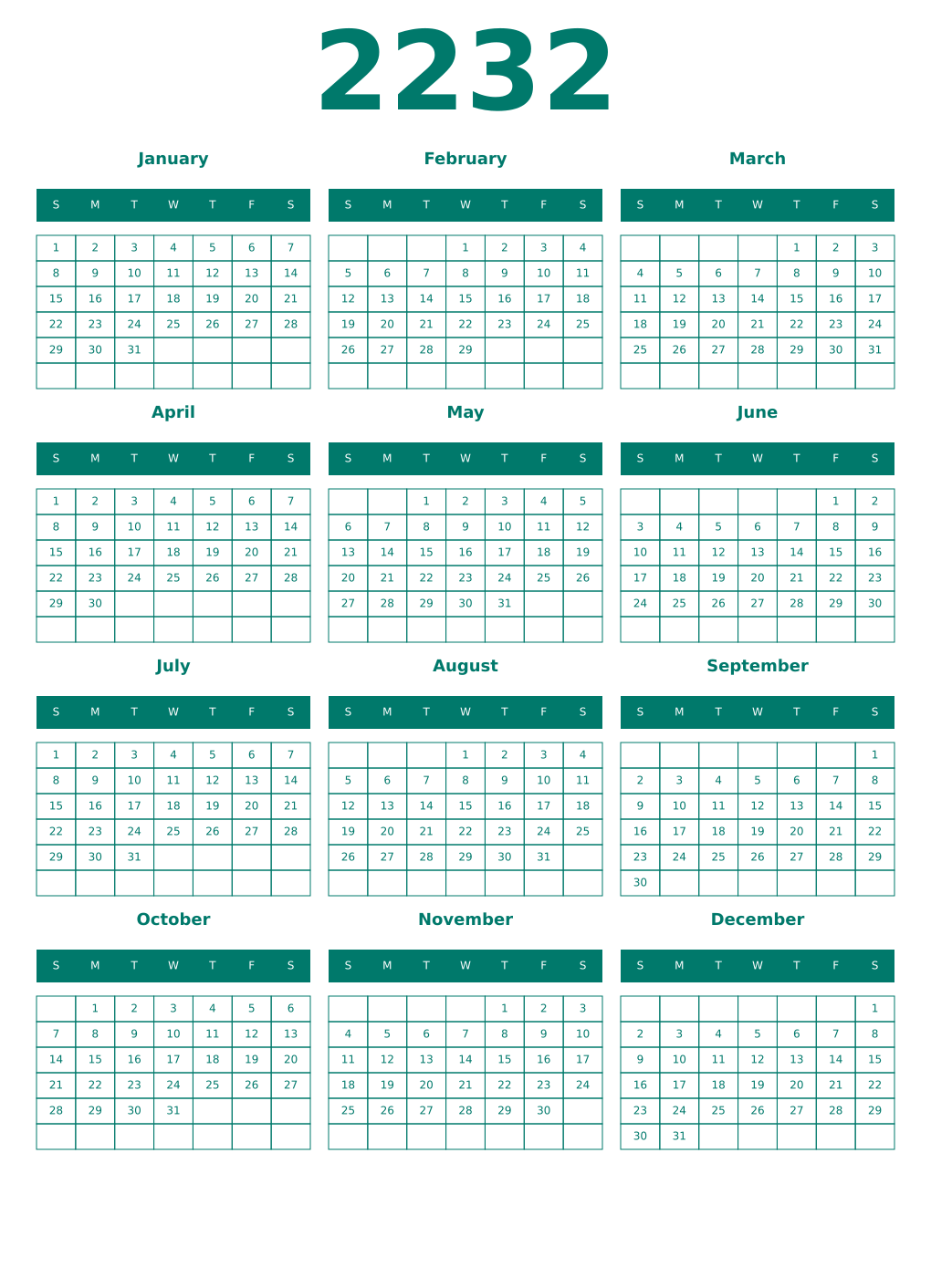 Printable 2232 Year Calendars pastel