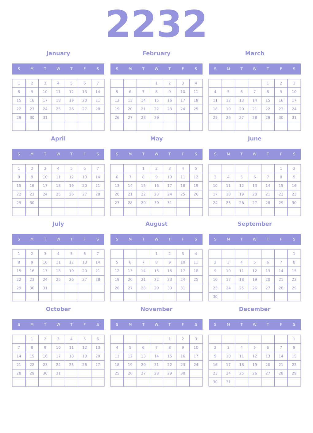 Printable 2232 Year Calendars periwinkle