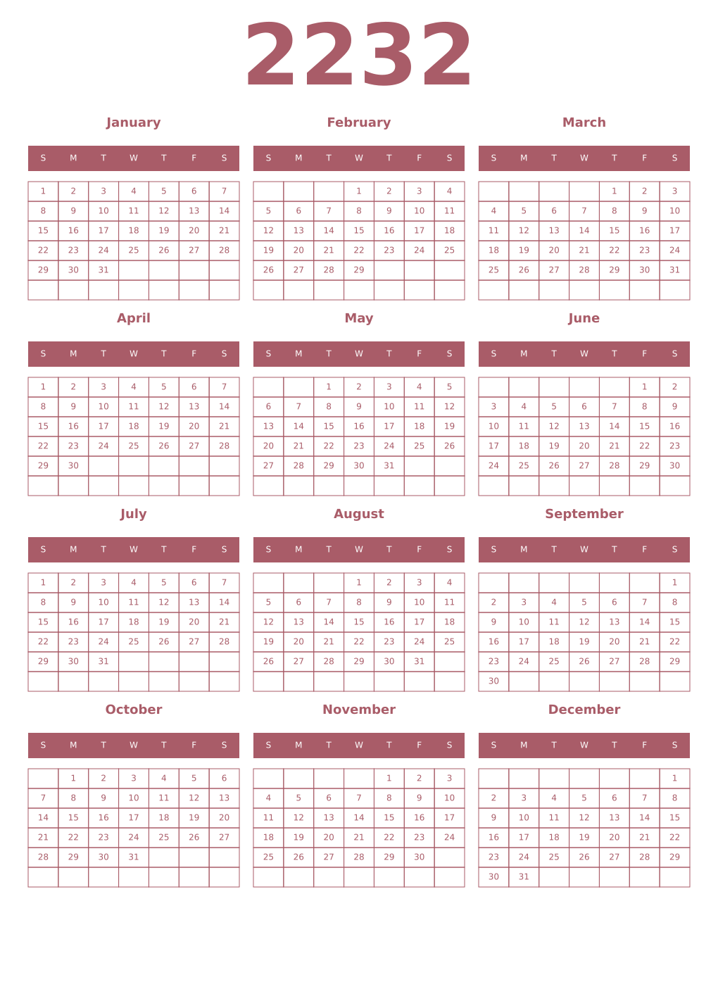 Printable 2232 Year Calendars puce