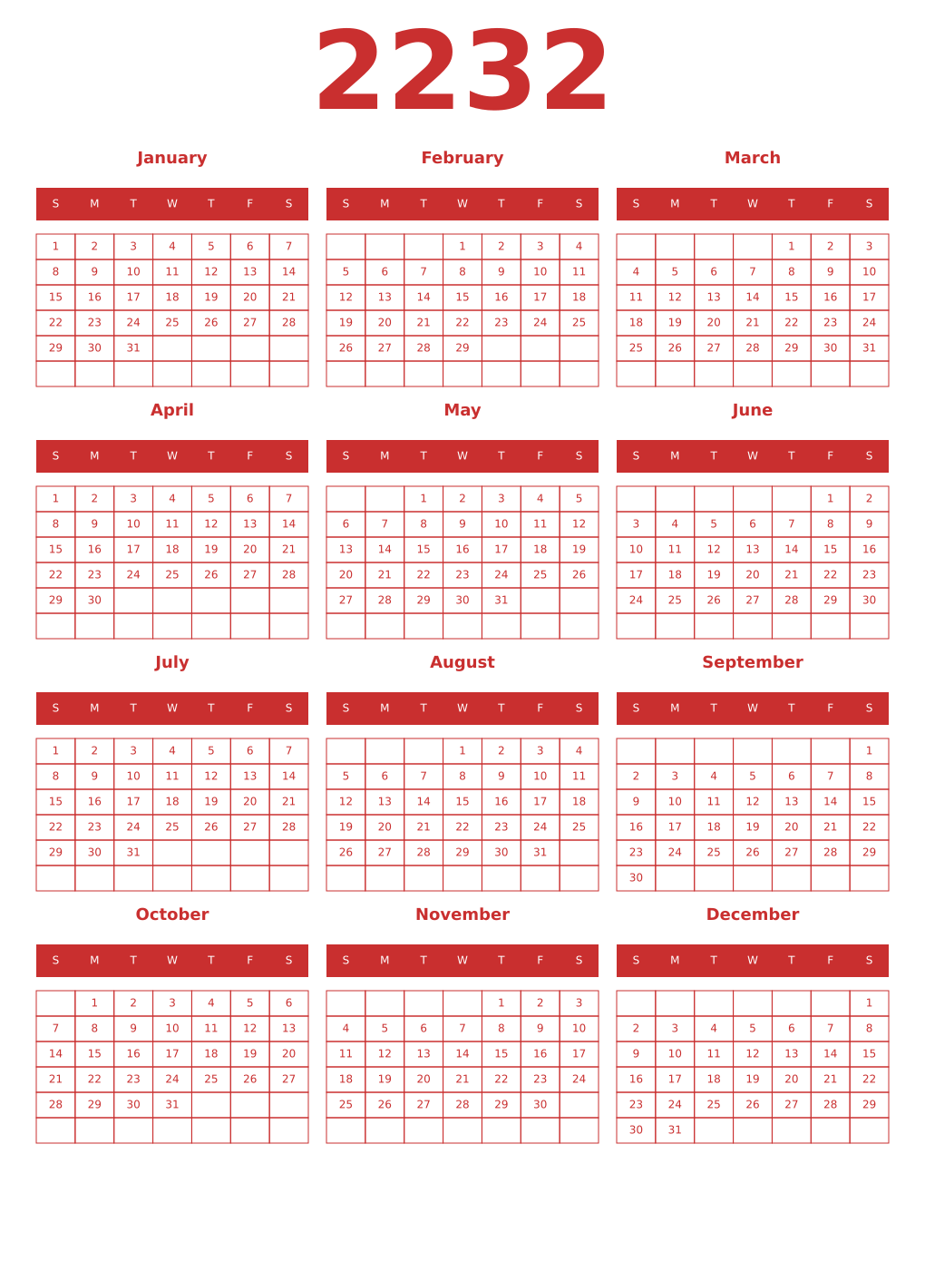 Printable 2232 Year Calendars red
