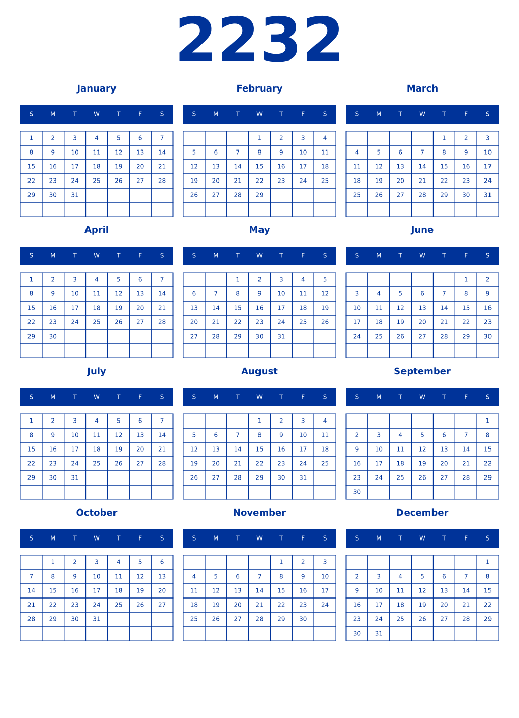 Printable 2232 Year Calendars smalt