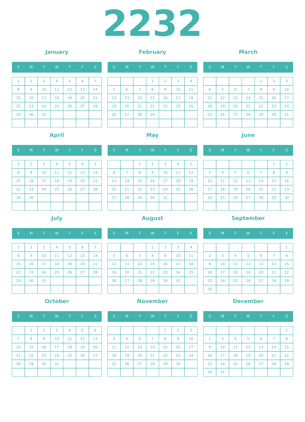 Printable 2232 Year Calendars verdigris