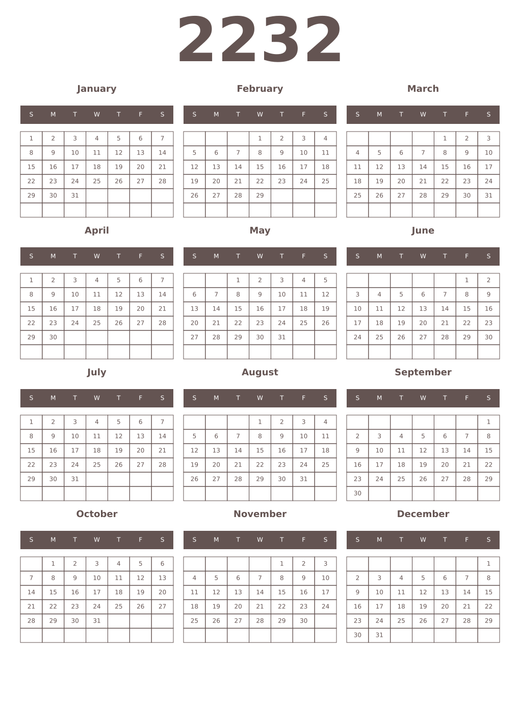 Printable 2232 Year Calendars wenge