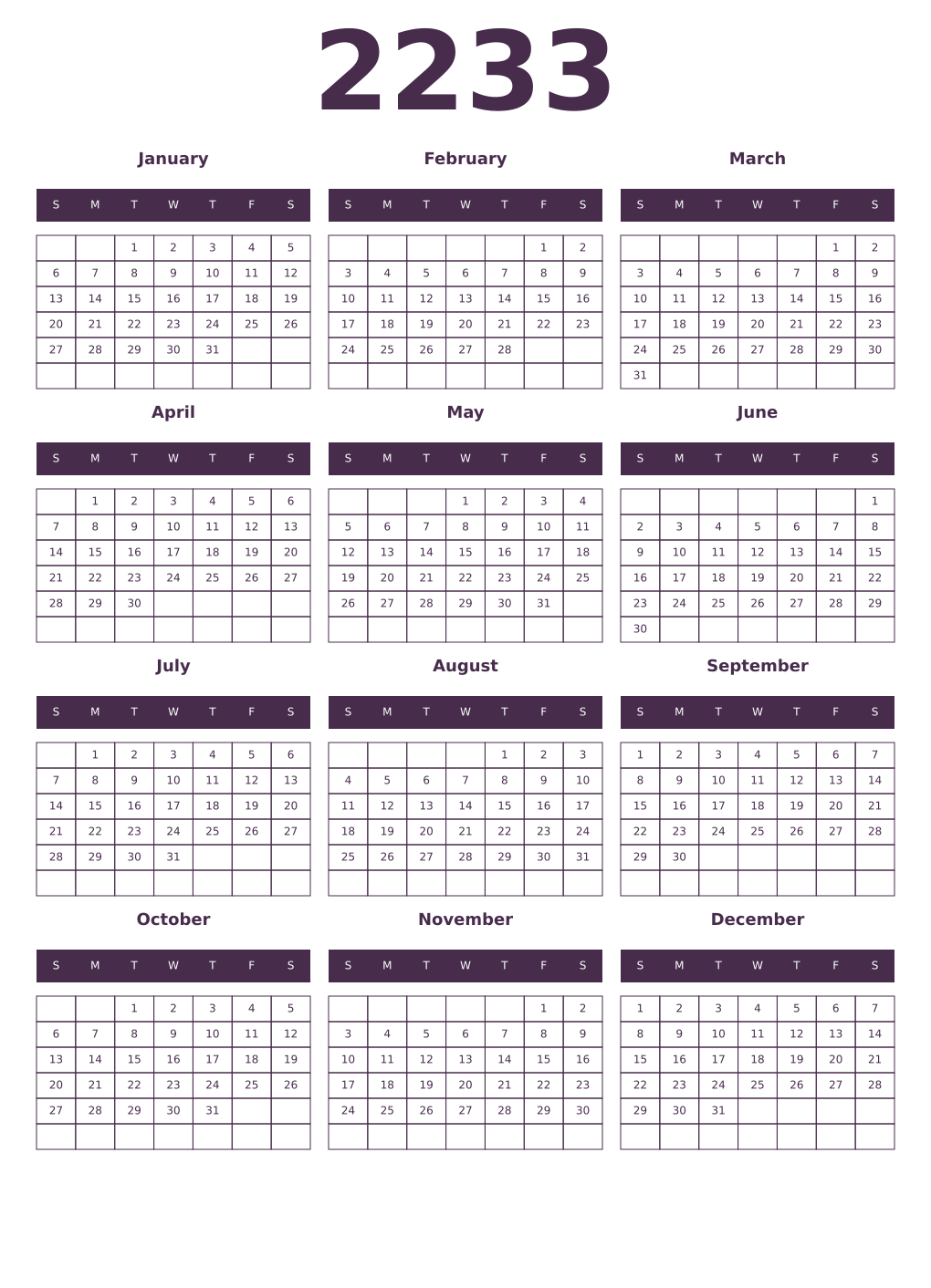 Printable 2233 Year Calendars aubergine