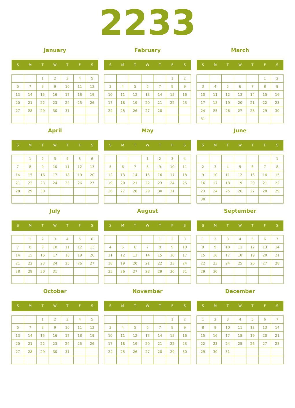 Printable 2233 Year Calendars chartreuse