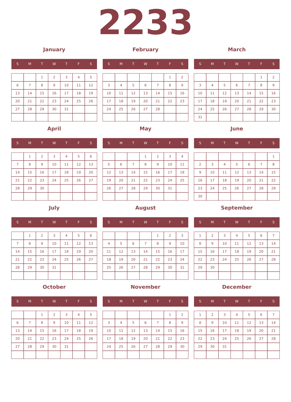 Printable 2233 Year Calendars cordovan
