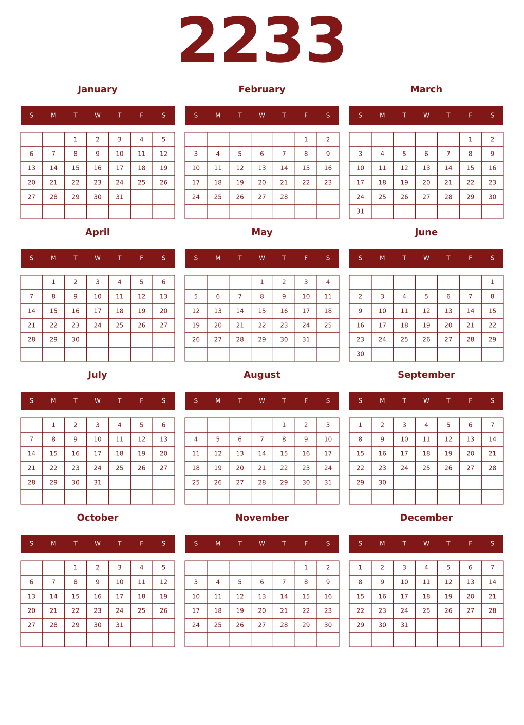 Printable 2233 Year Calendars falu