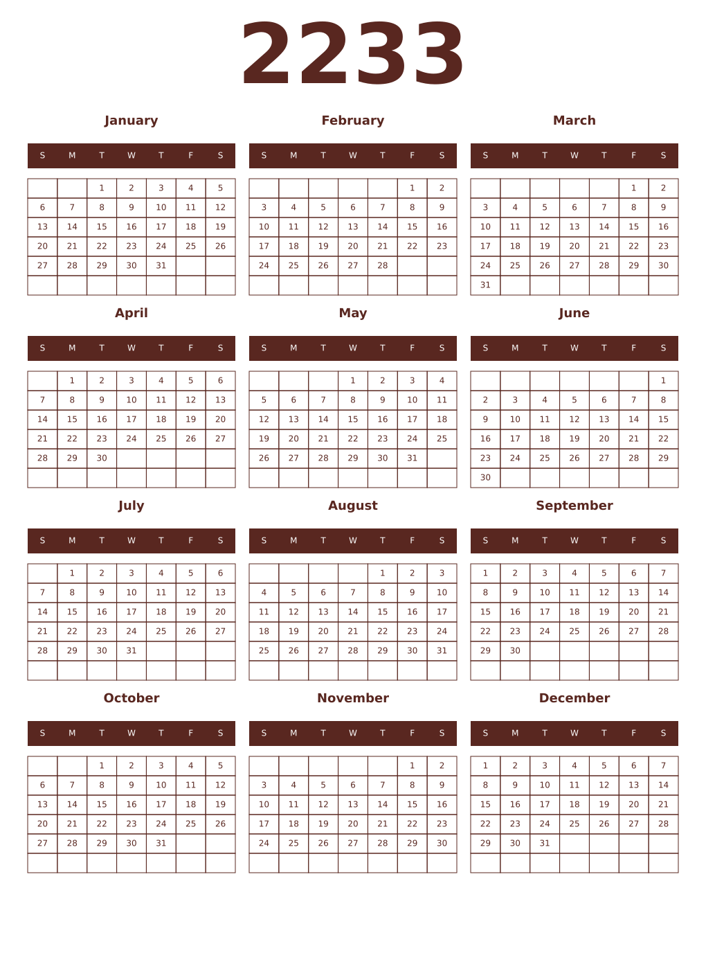 Printable 2233 Year Calendars mortuum