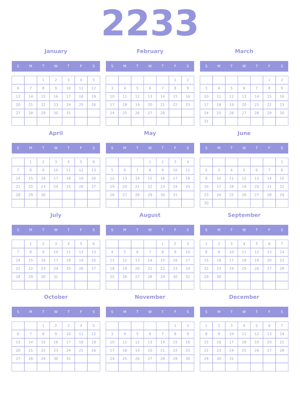Printable 2233 Year Calendars periwinkle