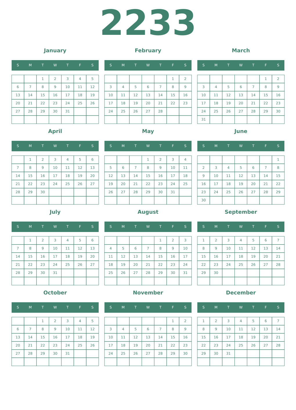 Printable 2233 Year Calendars viridian