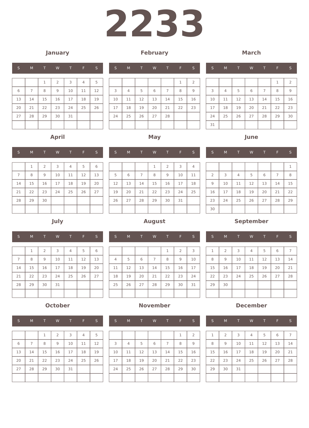 Printable 2233 Year Calendars wenge