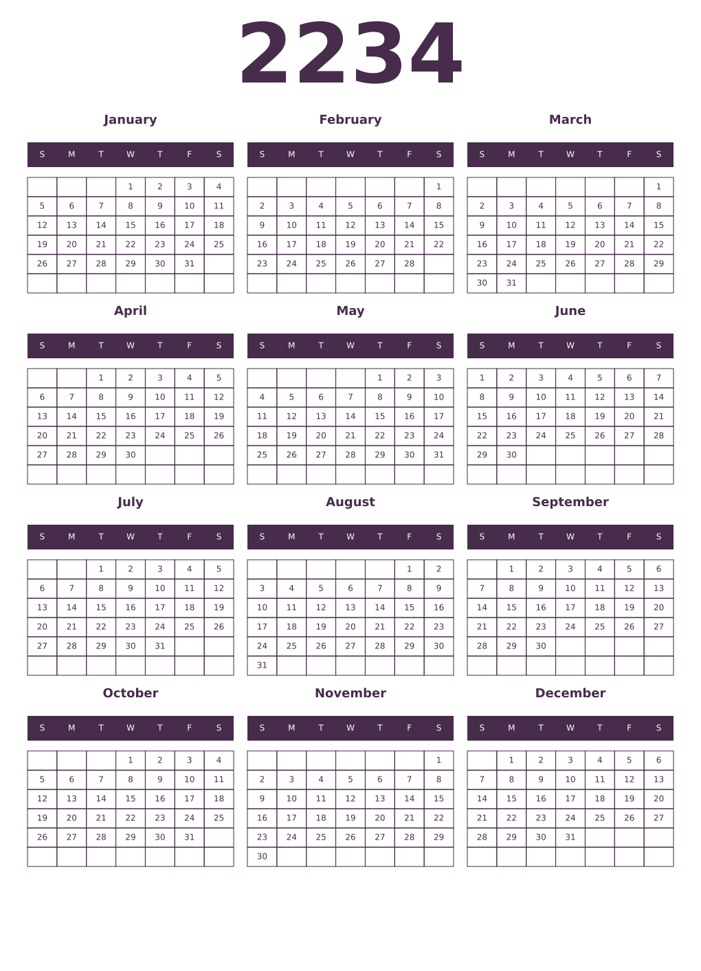 Printable 2234 Year Calendars aubergine