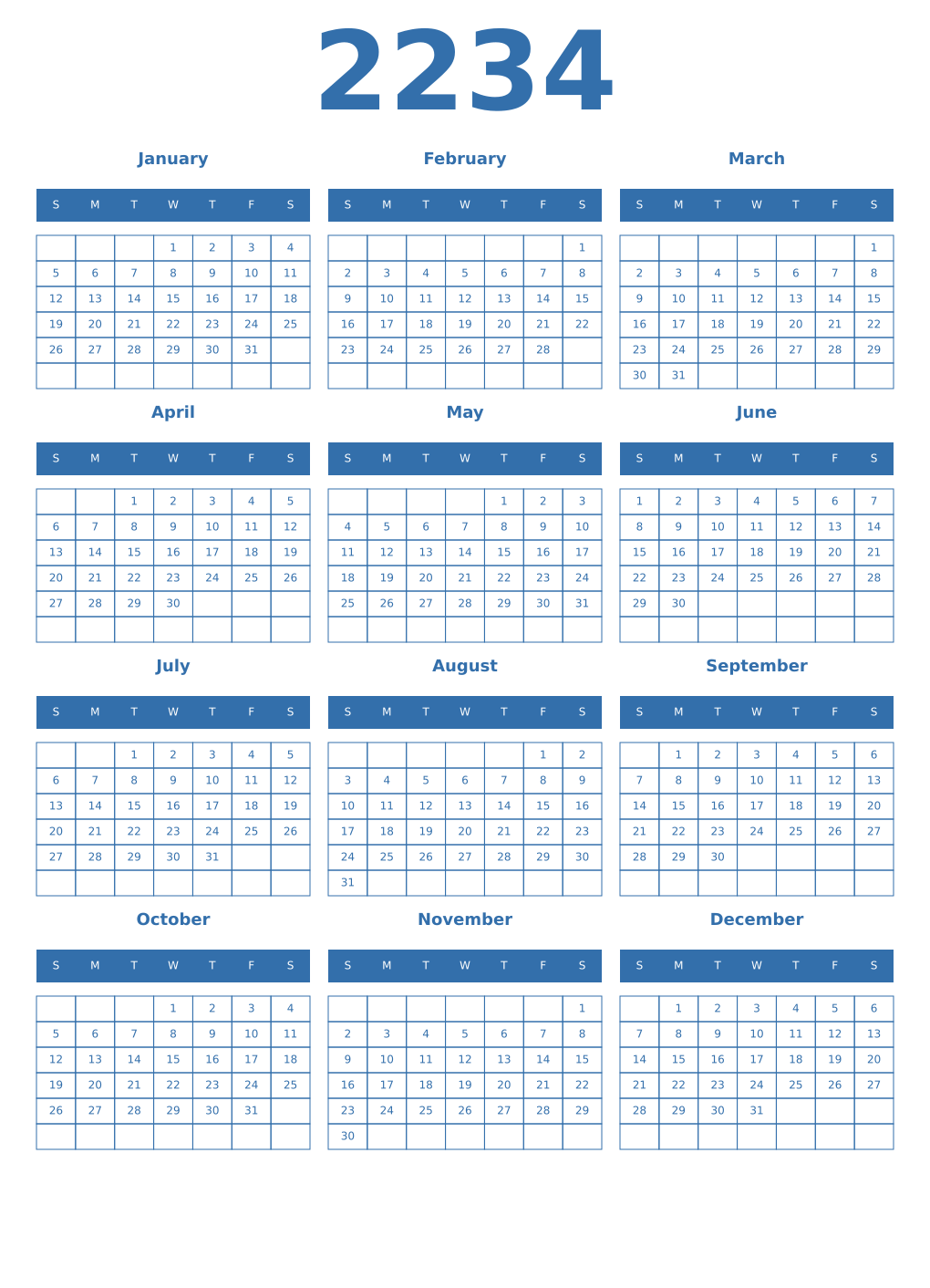 Printable 2234 Year Calendars blue
