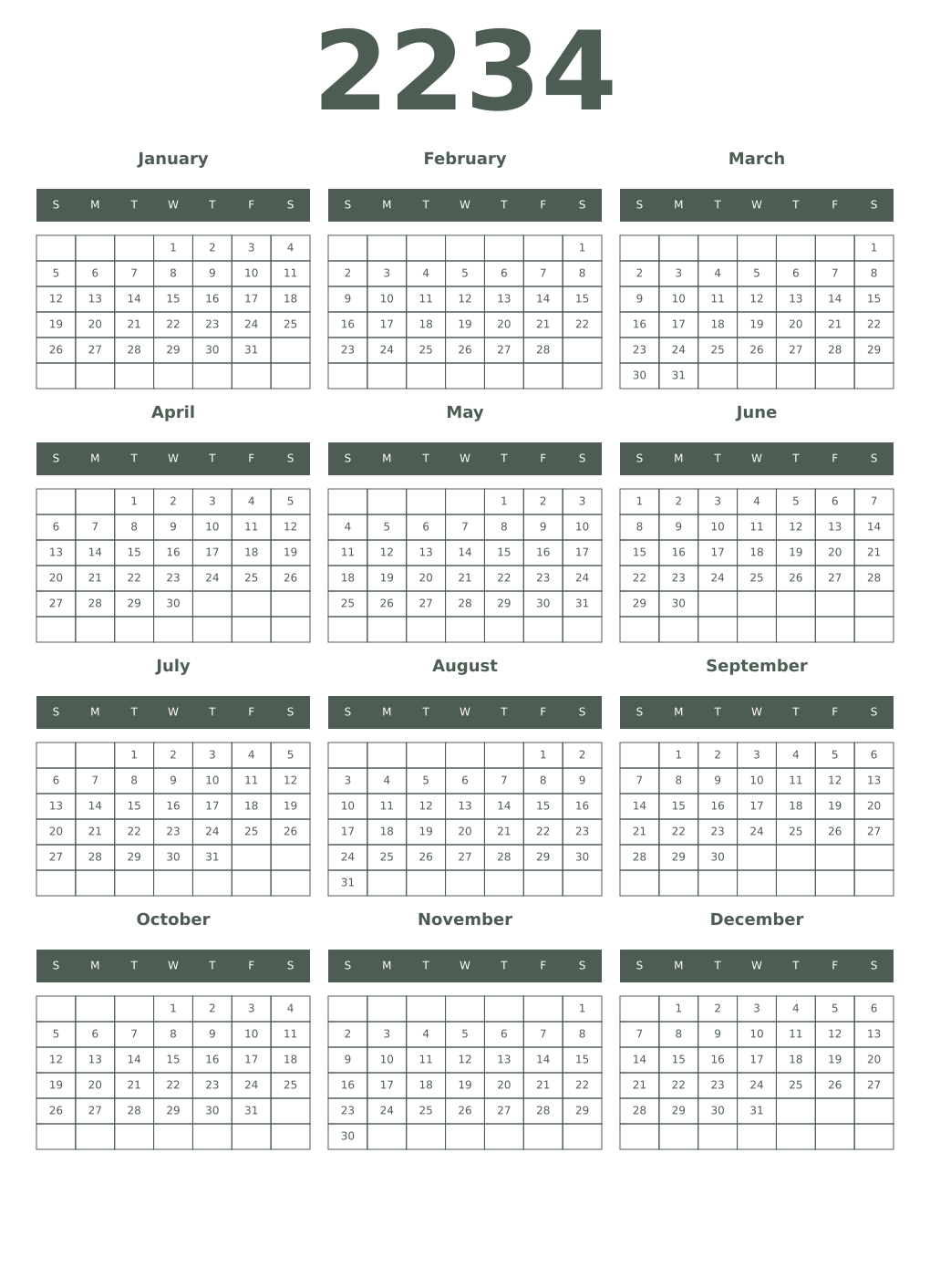 Printable 2234 Year Calendars feldgrau