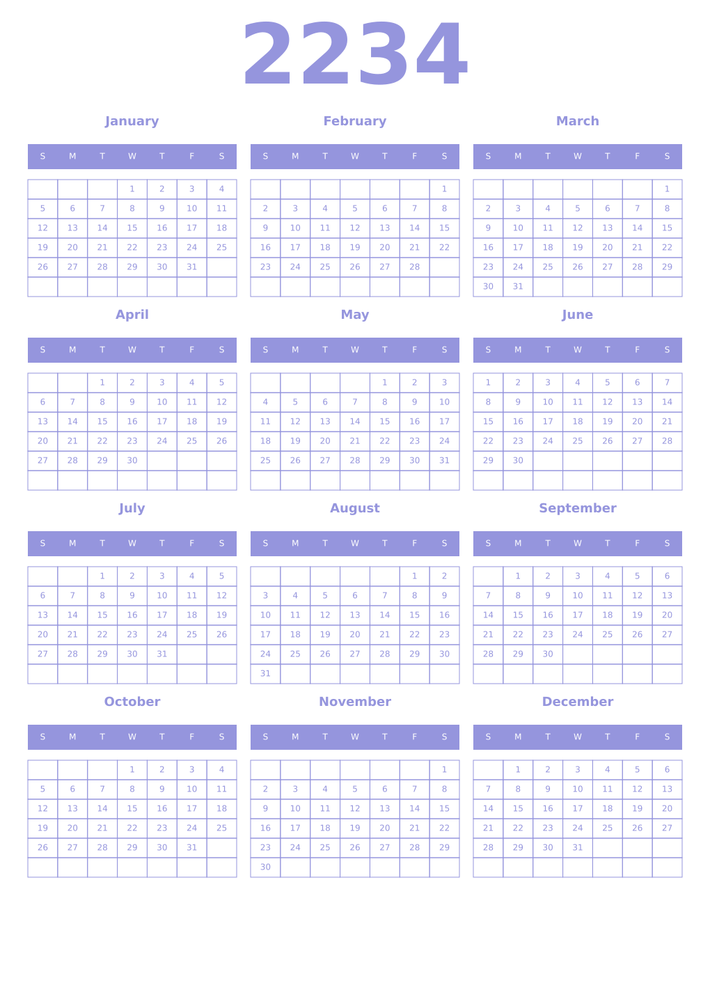 Printable 2234 Year Calendars periwinkle