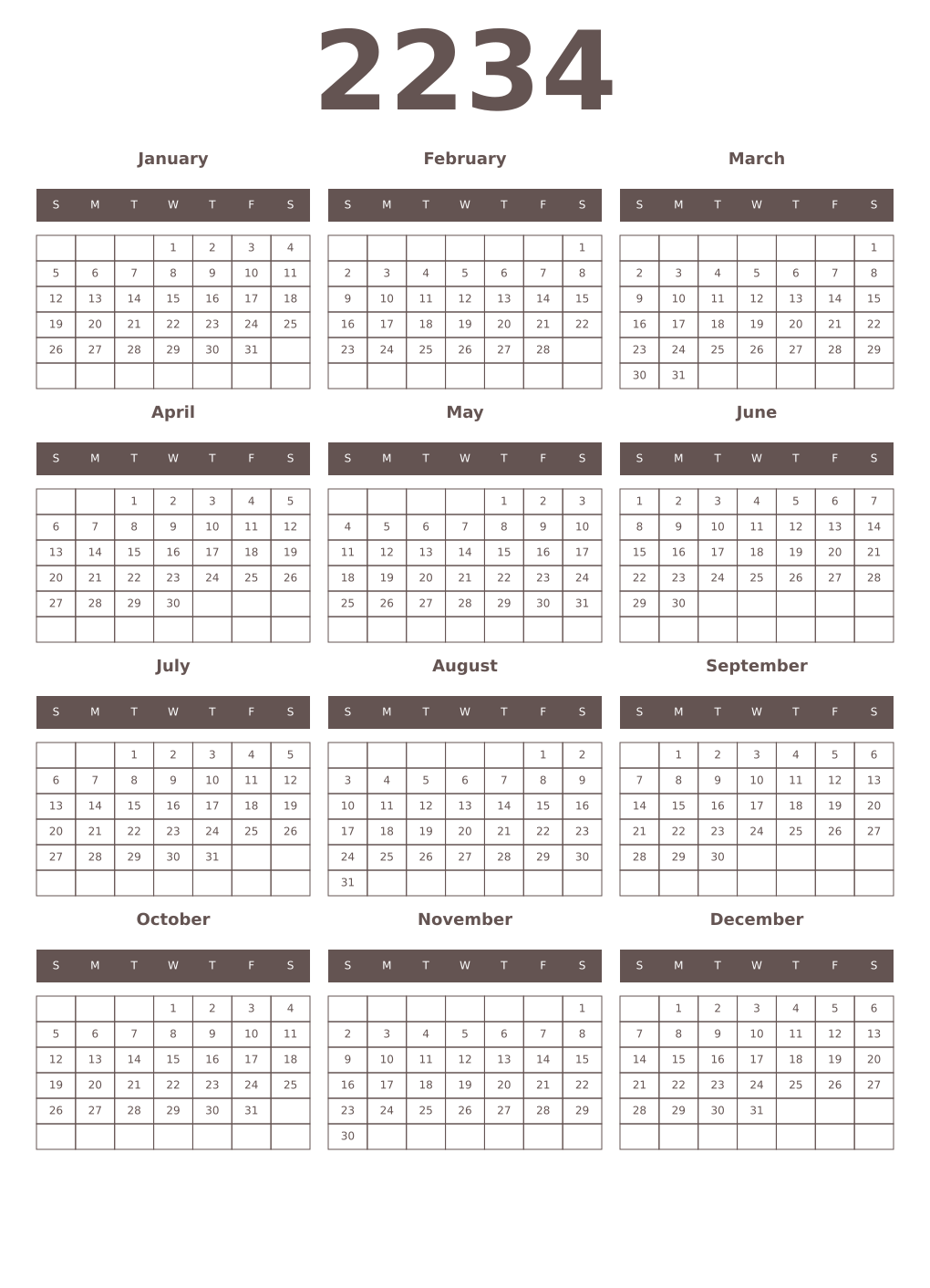 Printable 2234 Year Calendars wenge
