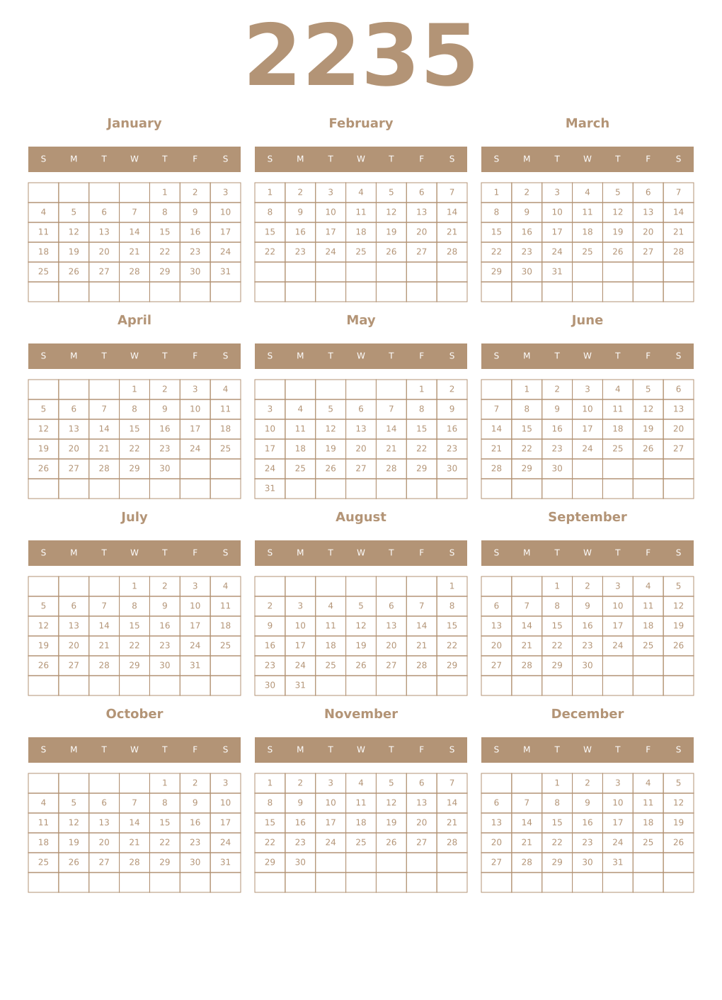 Printable 2235 Year Calendars isabelline