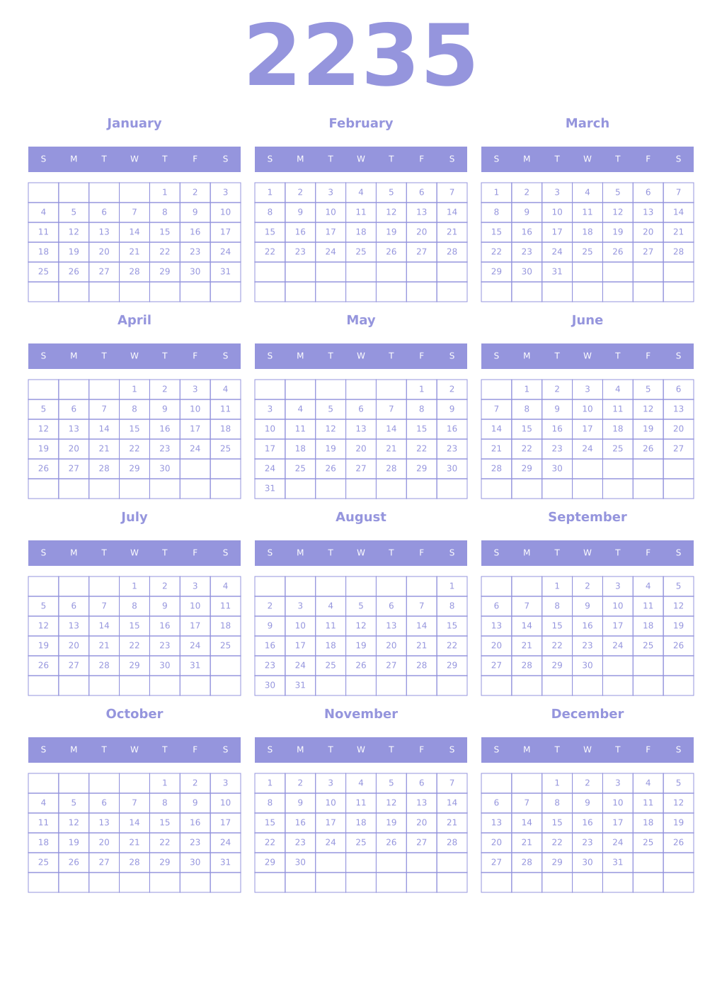 Printable 2235 Year Calendars periwinkle