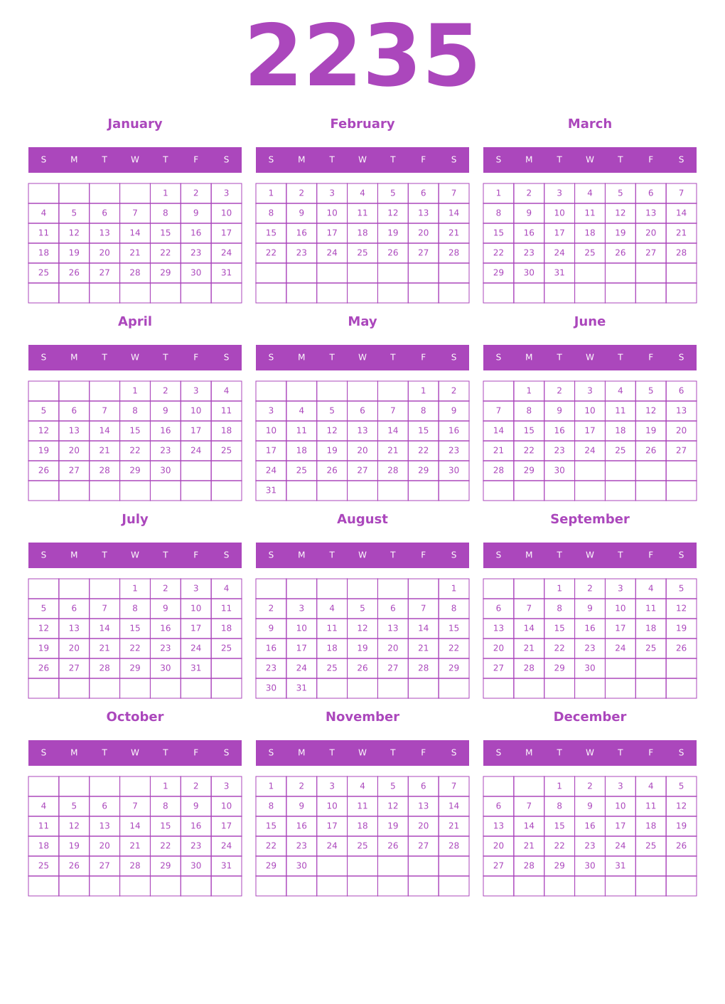 Printable 2235 Year Calendars purple