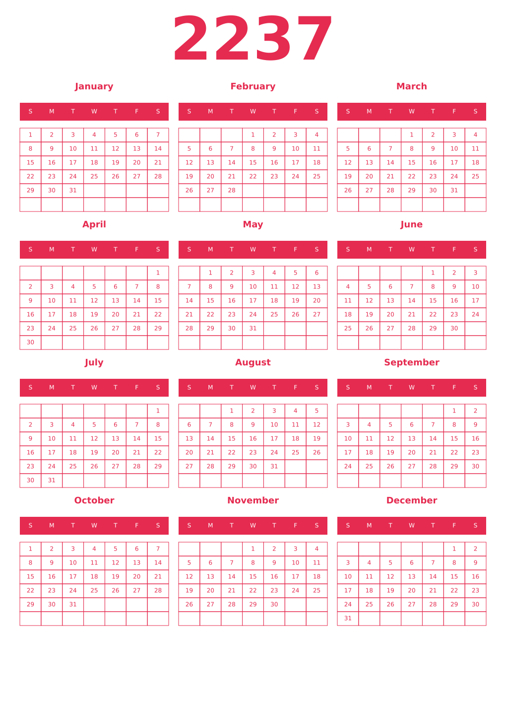 Printable 2237 Year Calendars amaranth