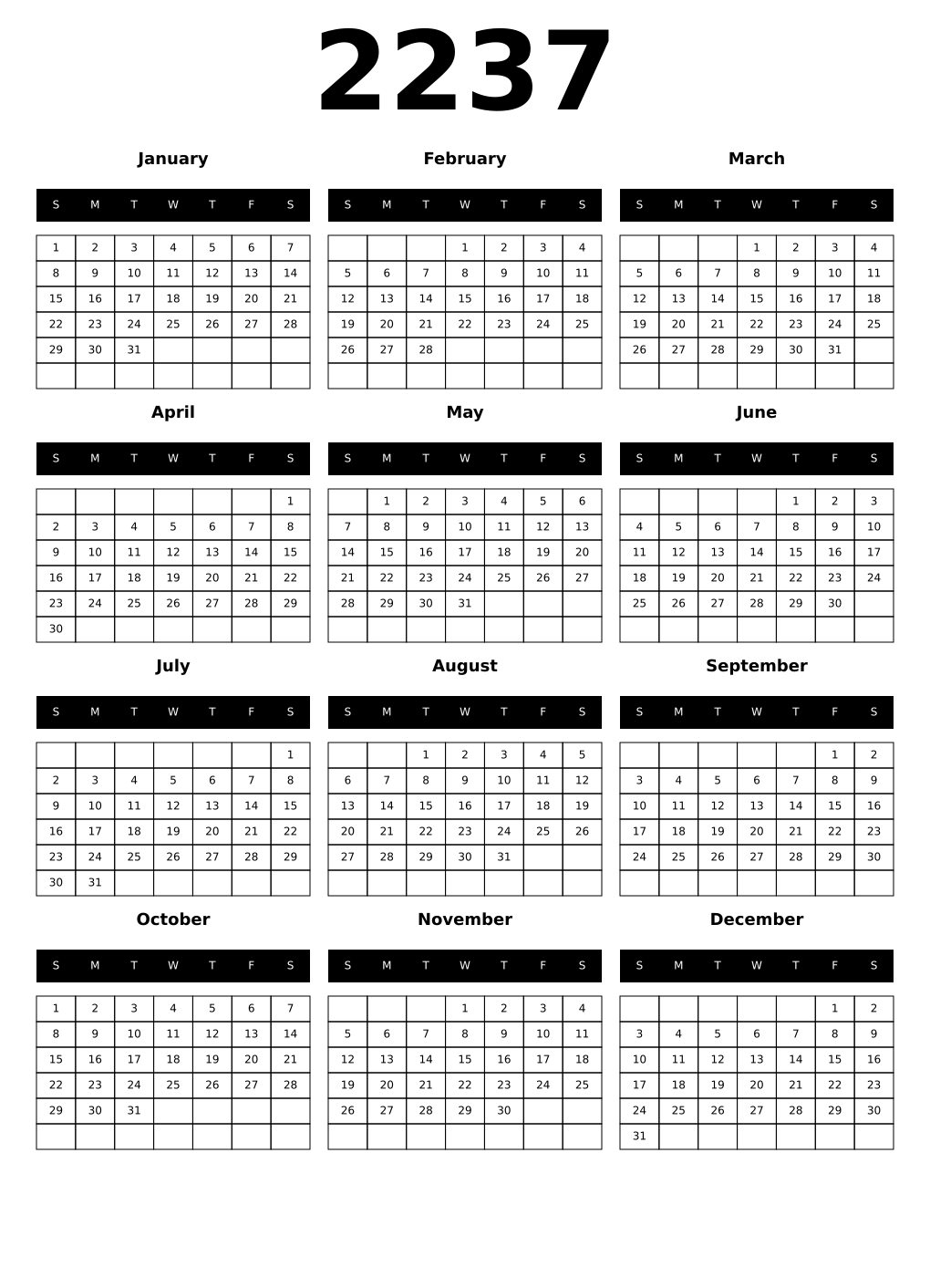 Printable 2237 Year Calendars black