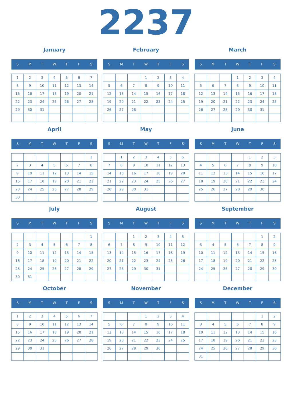 Printable 2237 Year Calendars blue