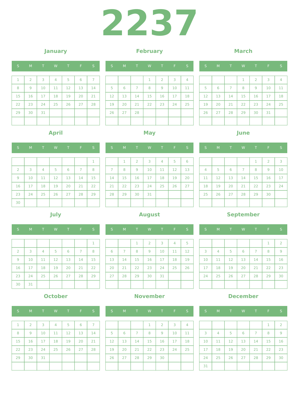 Printable 2237 Year Calendars celadon