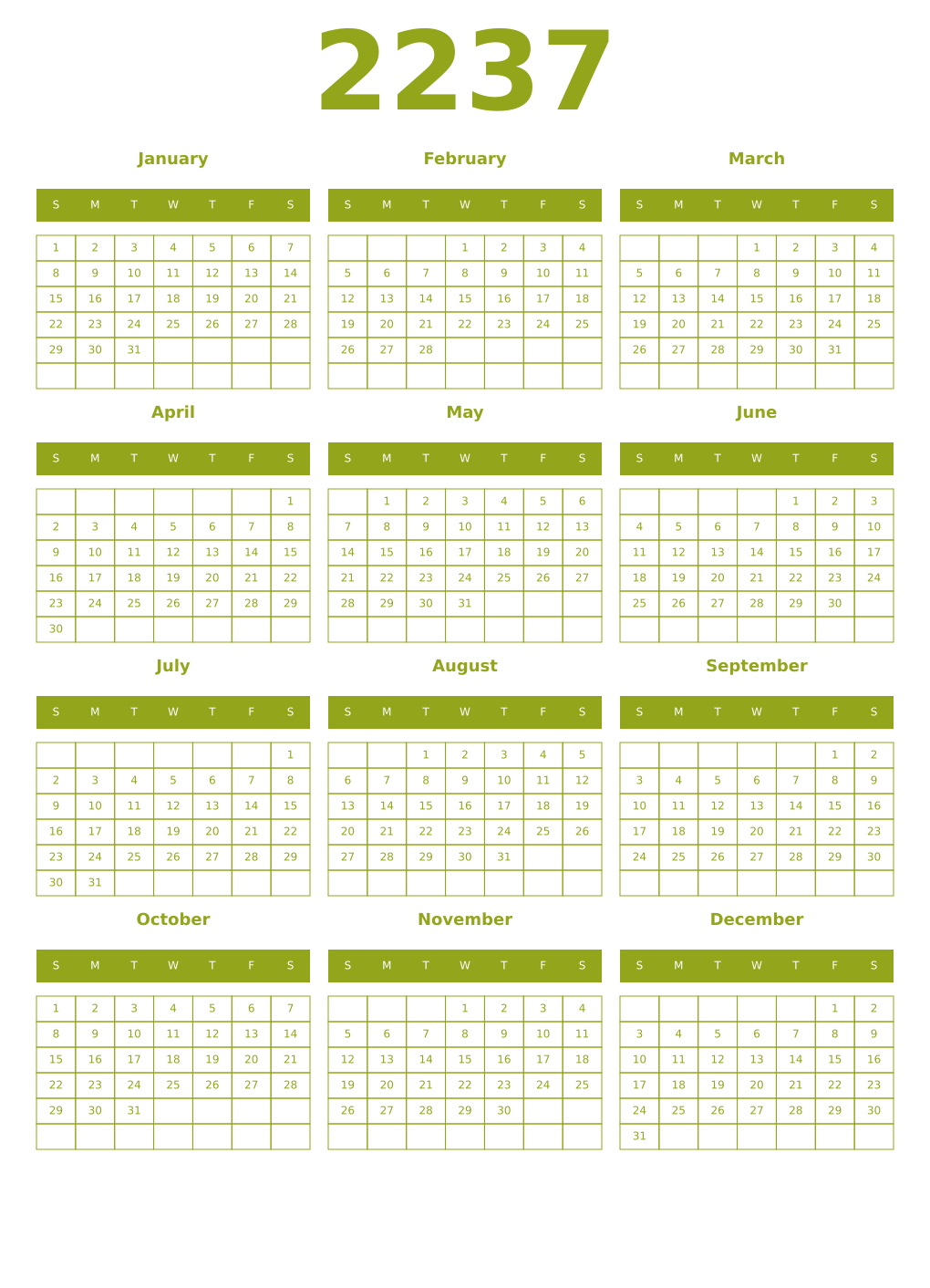 Printable 2237 Year Calendars chartreuse