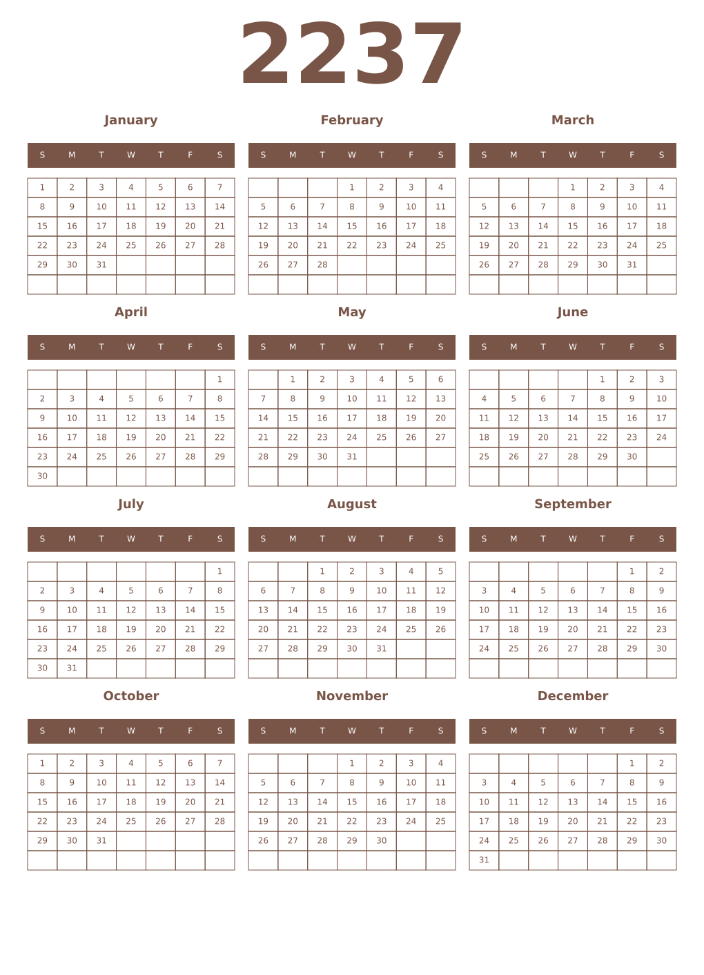 Printable 2237 Year Calendars coffe