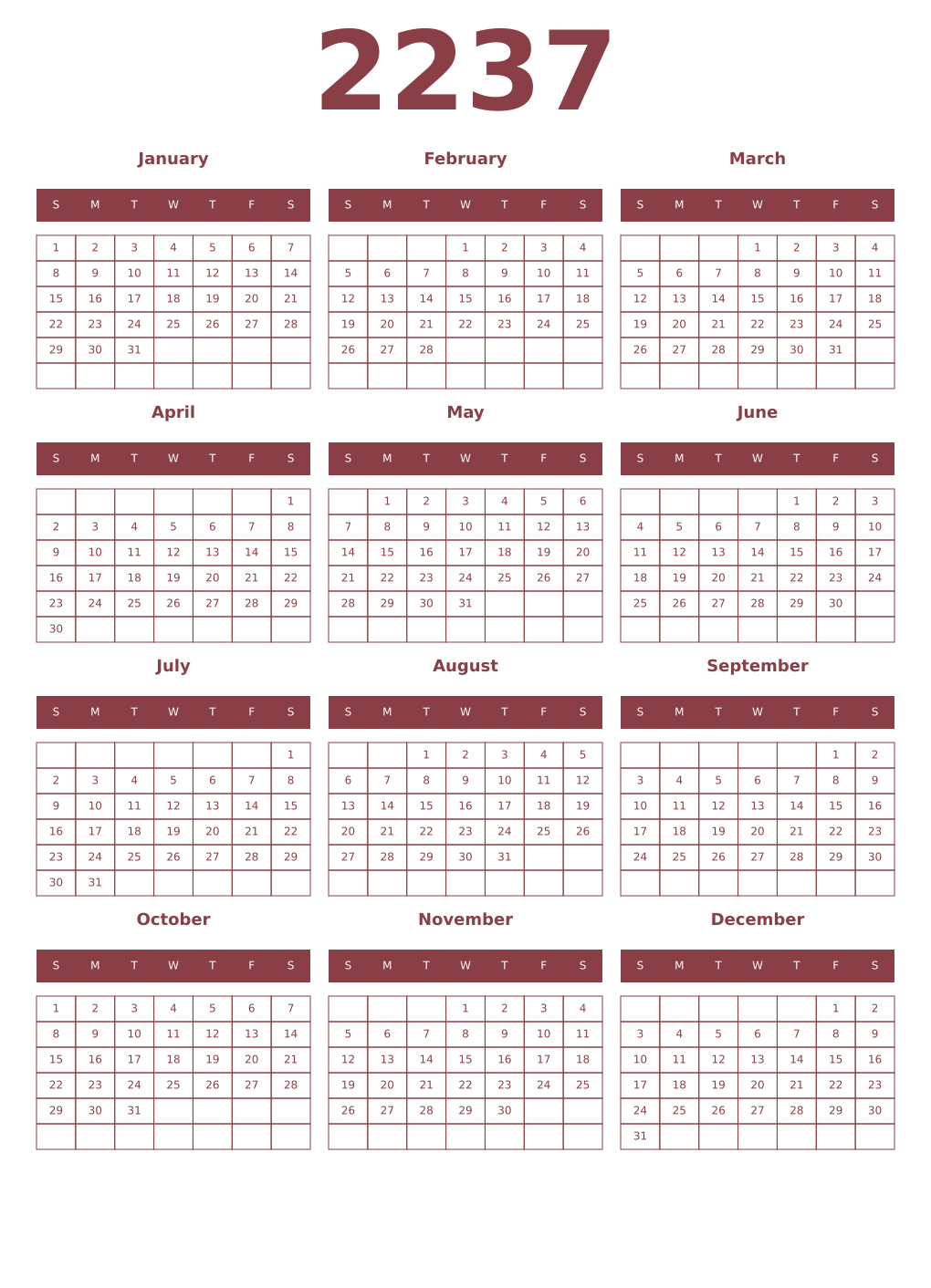 Printable 2237 Year Calendars cordovan