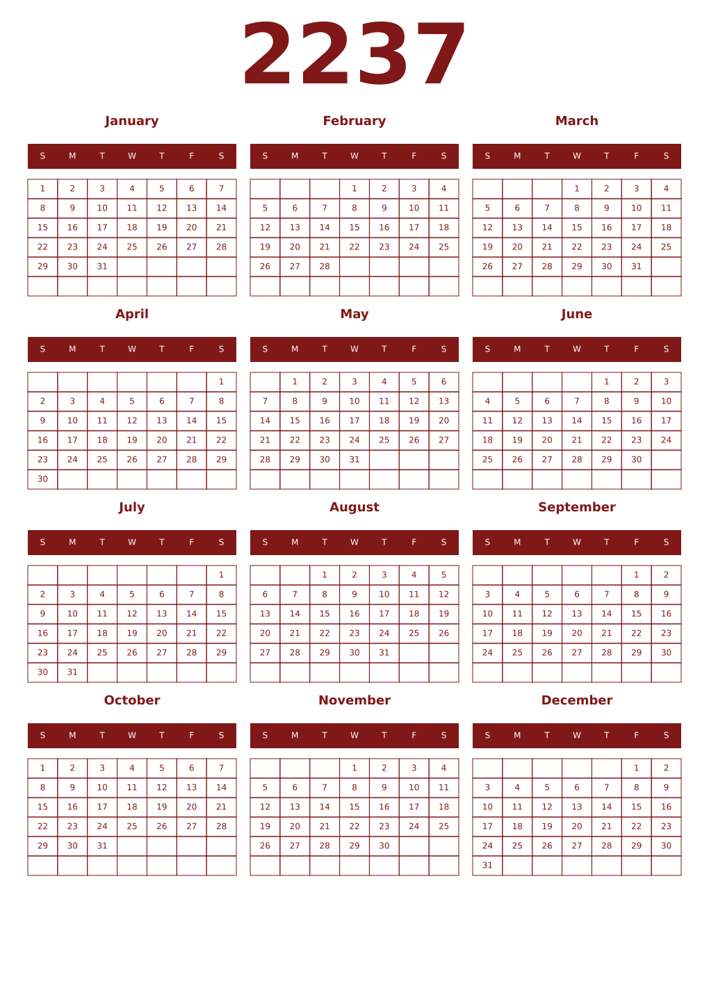 Printable 2237 Year Calendars falu