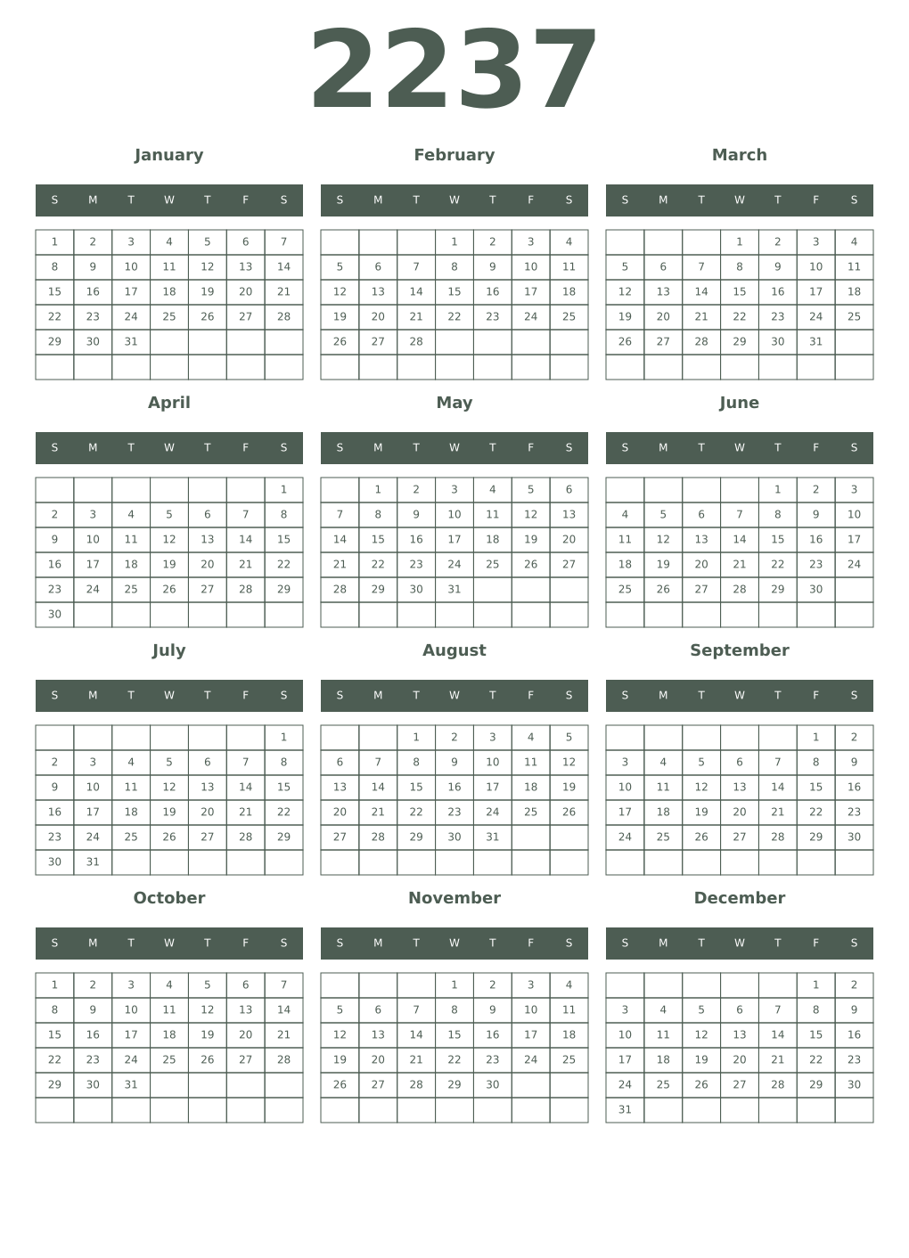 Printable 2237 Year Calendars feldgrau