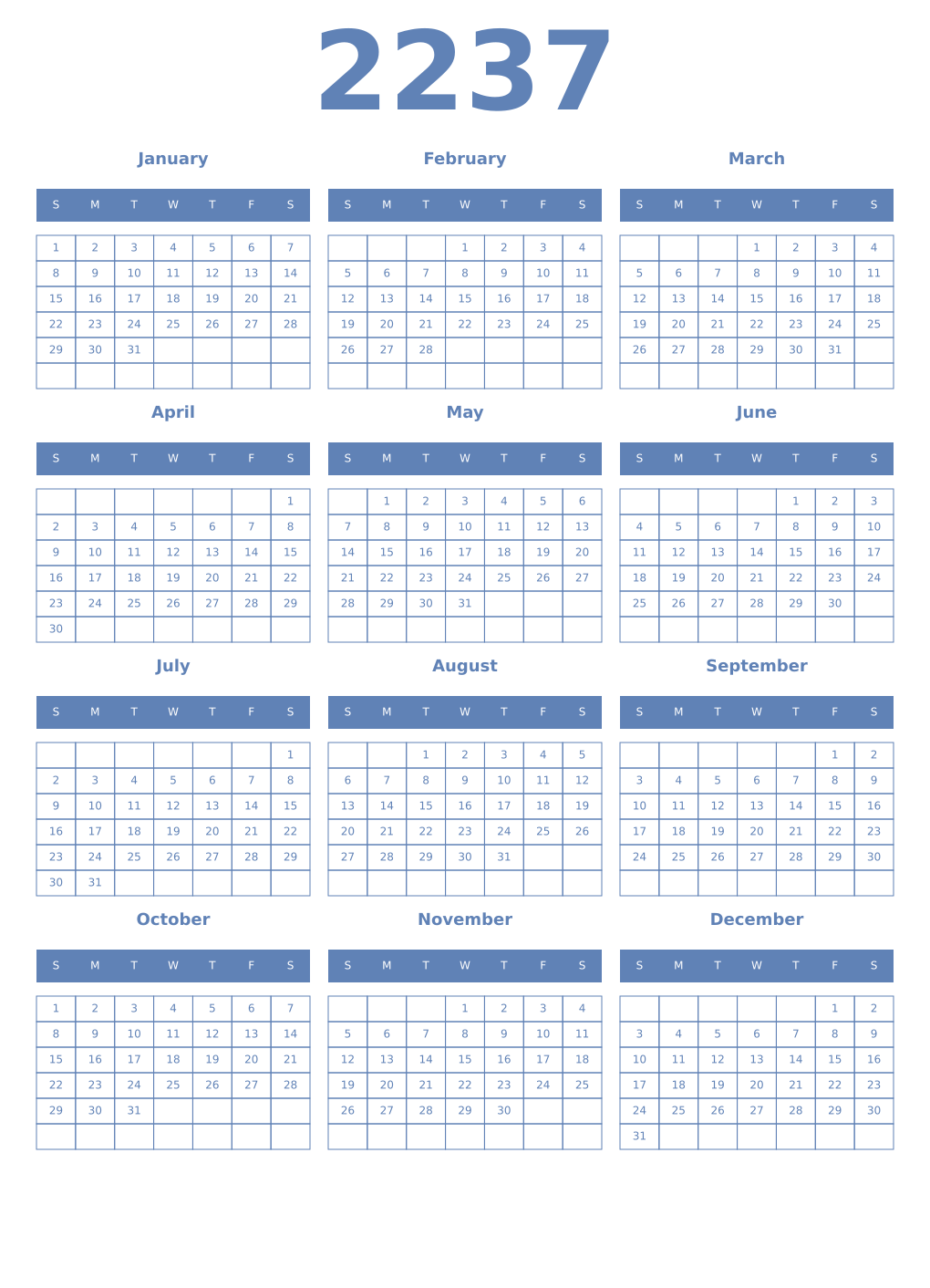 Printable 2237 Year Calendars glaucous