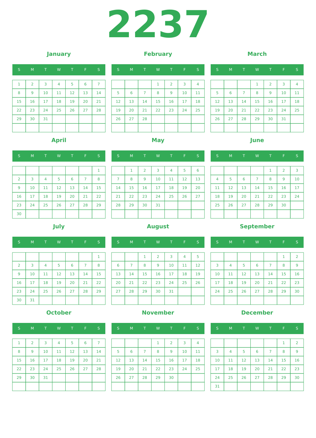 Printable 2237 Year Calendars green