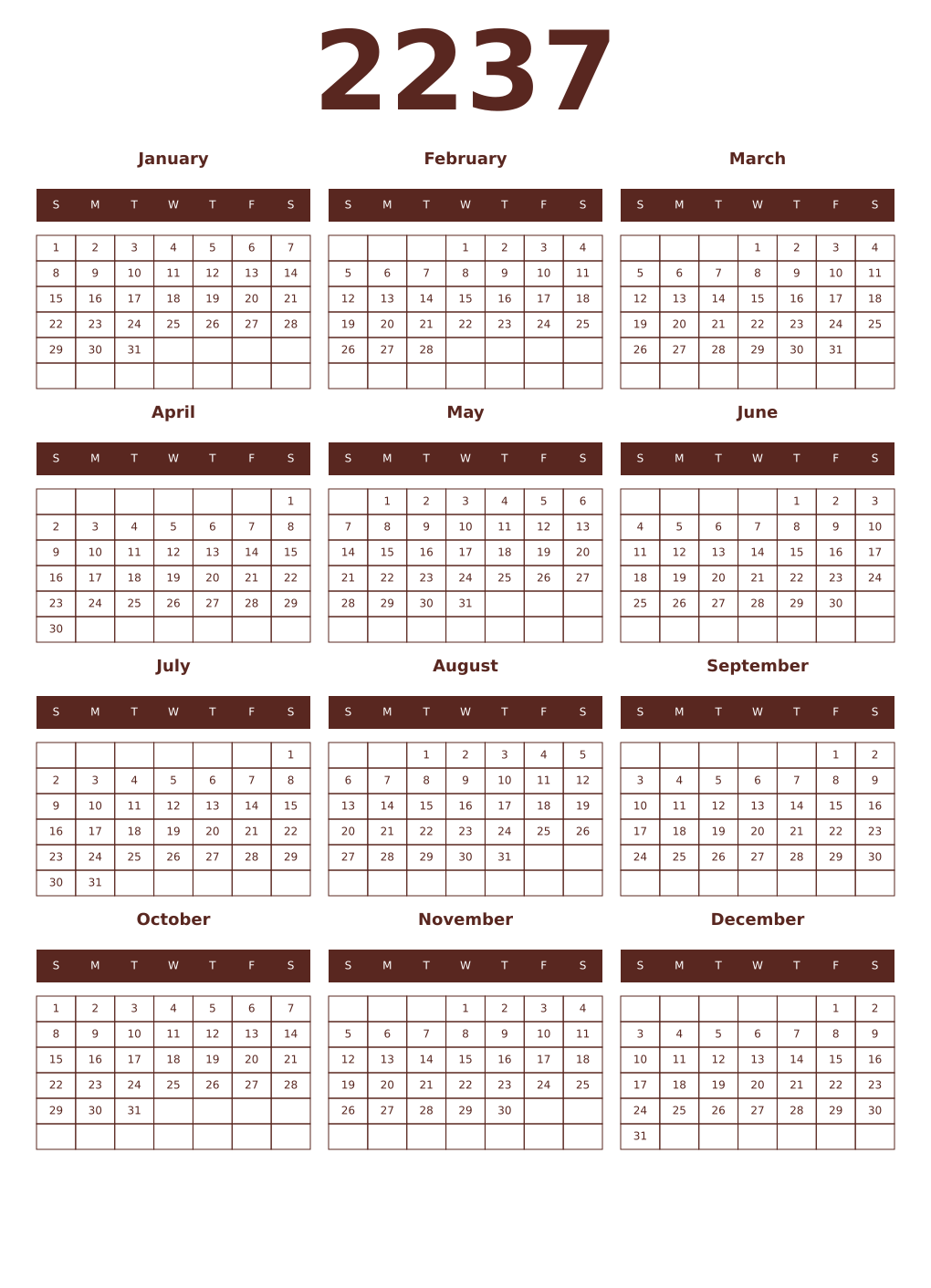 Printable 2237 Year Calendars mortuum