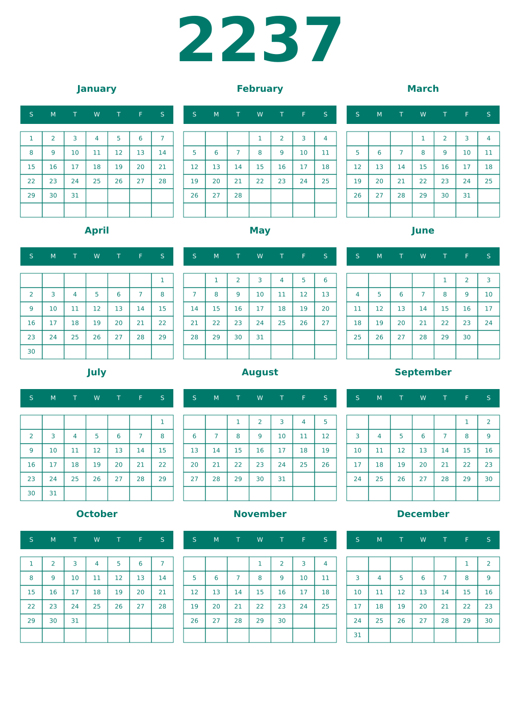 Printable 2237 Year Calendars pastel
