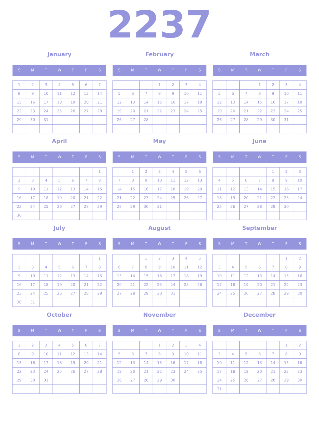 Printable 2237 Year Calendars periwinkle