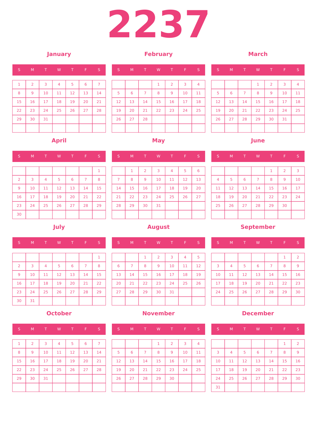 Printable 2237 Year Calendars pink