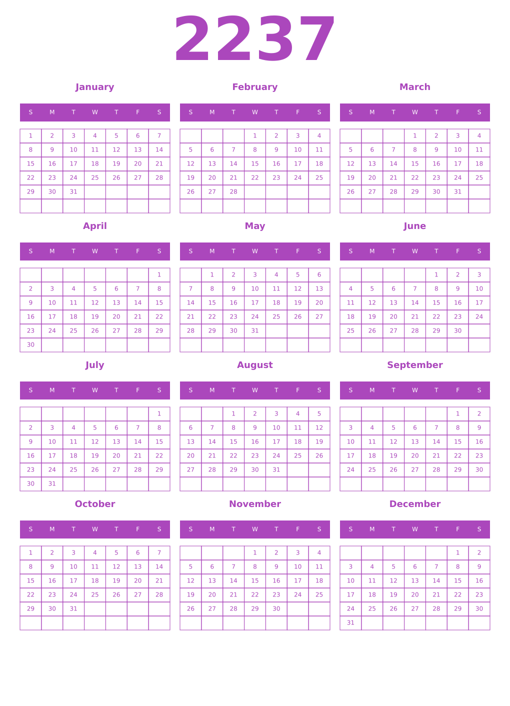 Printable 2237 Year Calendars purple