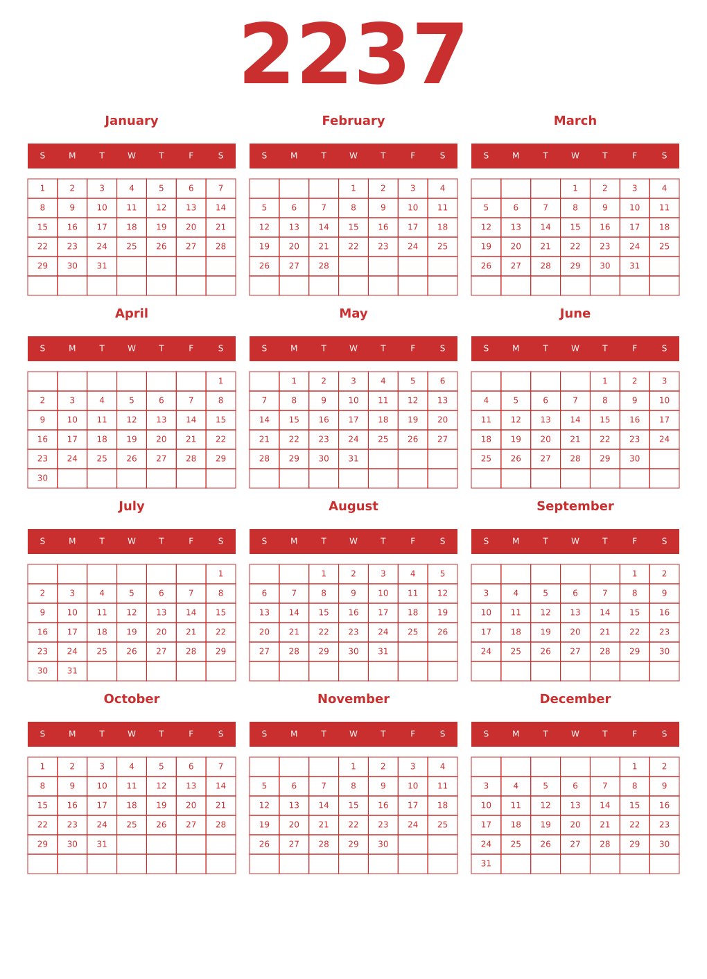 Printable 2237 Year Calendars red