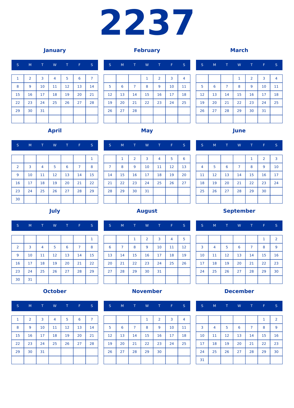 Printable 2237 Year Calendars smalt