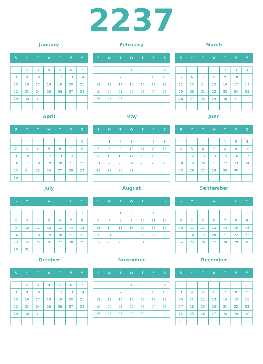 Printable 2237 Year Calendars verdigris