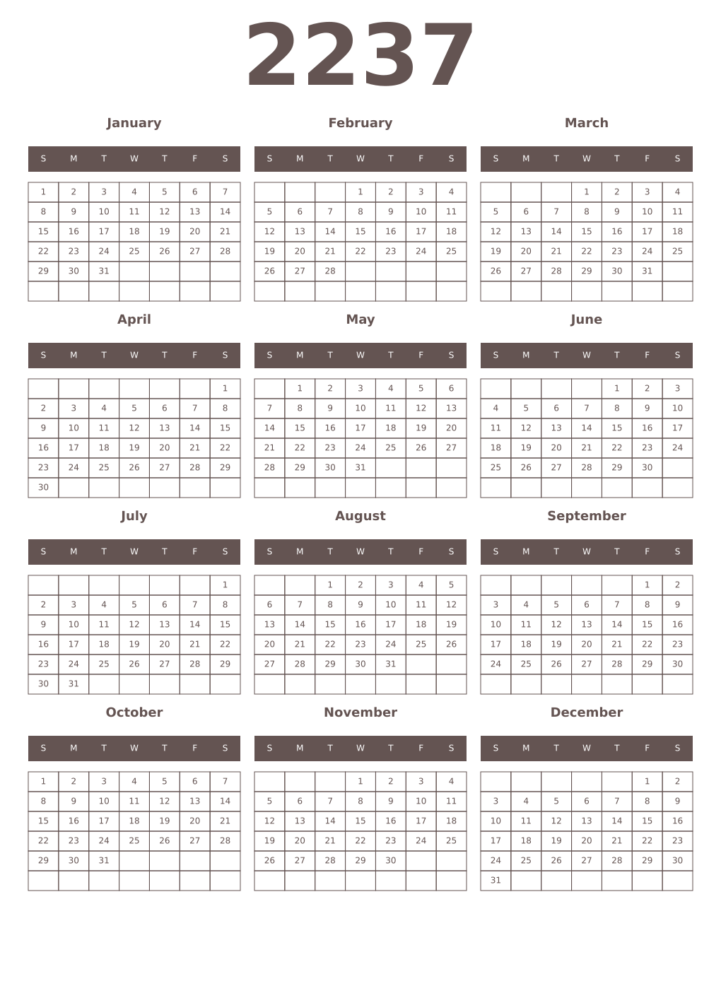 Printable 2237 Year Calendars wenge