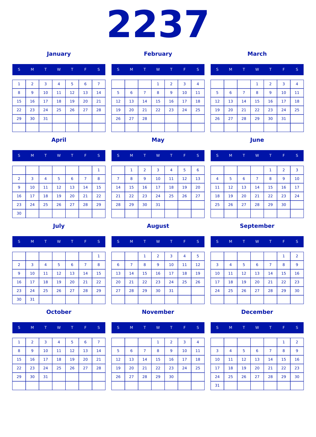 Printable 2237 Year Calendars zaffre