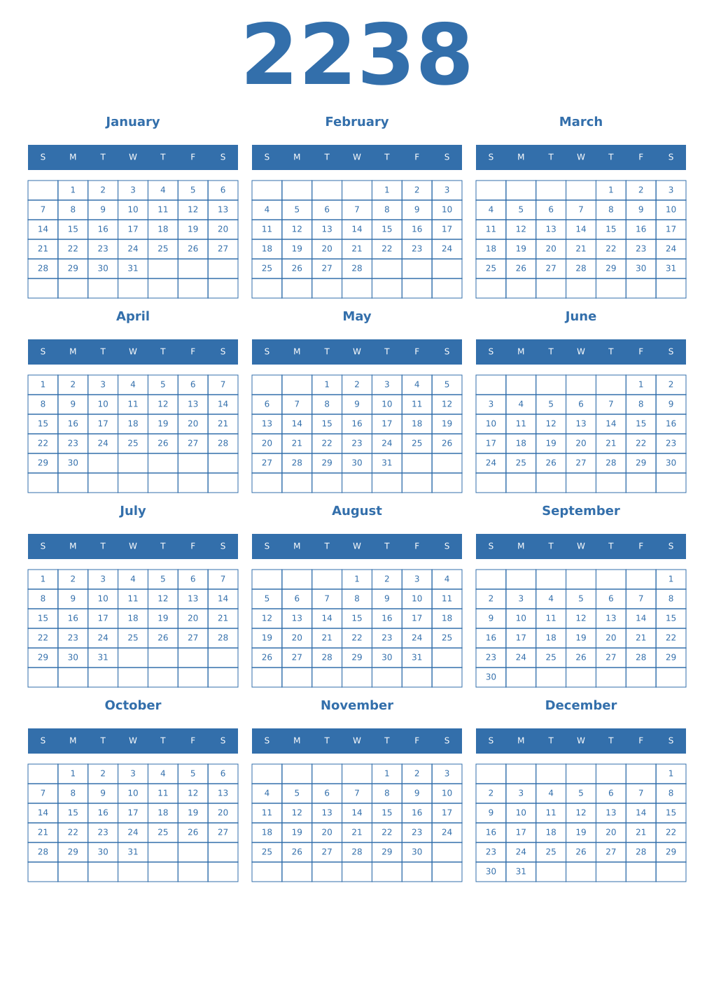 Printable 2238 Year Calendars blue
